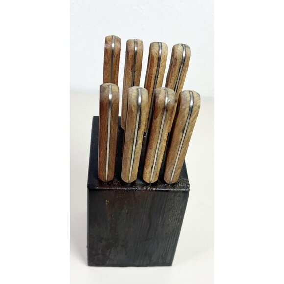 VTG Old Homestead Stainless Japan Lifetime Cutlery 8 Steak Knives Wood Block Set - Picture 1 of 7